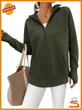 Ribbed Knit Zip Up Cardigan Sweater with Thumb Holes